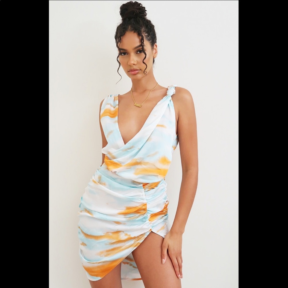 Multi Tie Dye Satin Plunge / Wrap Ruched
Bodycon Dress